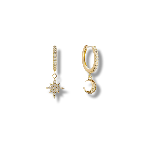 Gold Plated Sterling Silver Pave Cubic Zirconia Moon and Star Dangle Hoop Earrings