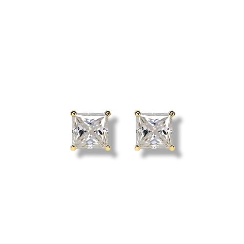 Gold Plated Sterling Silver Princess Cut Cubic Zirconia Stud Earrings
