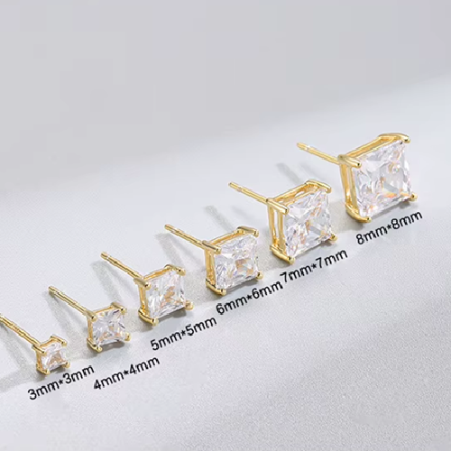 Gold Plated Sterling Silver Princess Cut Cubic Zirconia Stud Earrings Sizes