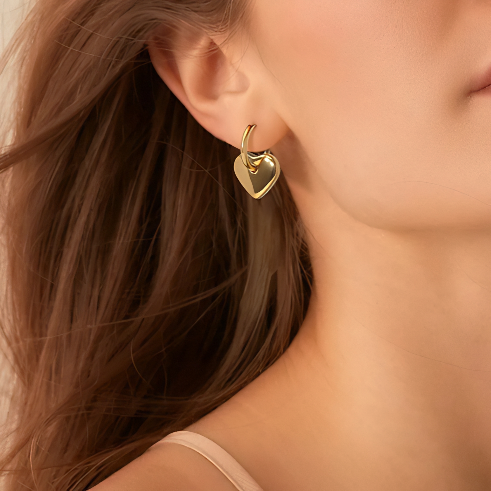 Gold Plated Sterling Silver Heart Dangle Hoop Earrings Model