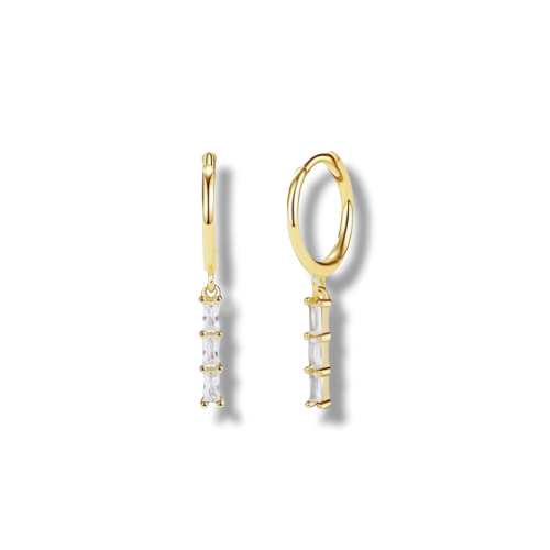 Gold Plated Sterling Silver Cubic Zirconia Baguette Dangle Hoop Earrings