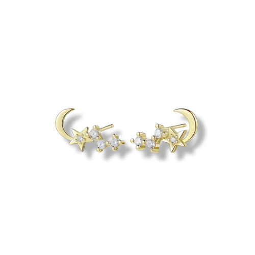 Gold Plated Sterling Silver Cubic Zirconia Stars and Moon shaped Stud Earrings
