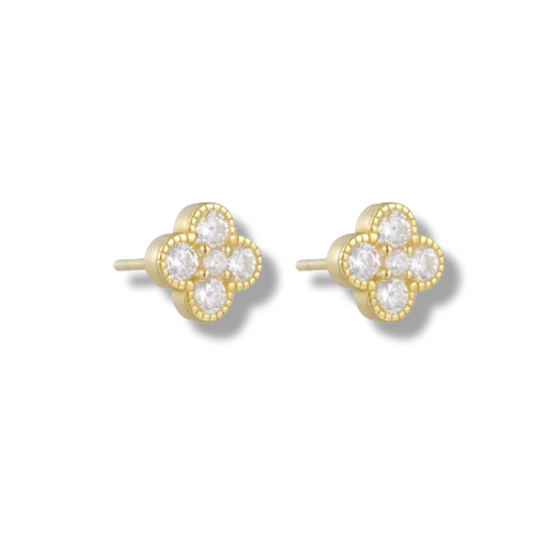 Gold Plated Sterling Silver Clover Shaped Cubic Zirconia Stud Earring