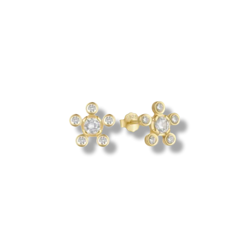 Gold Plated Sterling Silver Cubic Zirconia Flower Shaped Stud Earrings