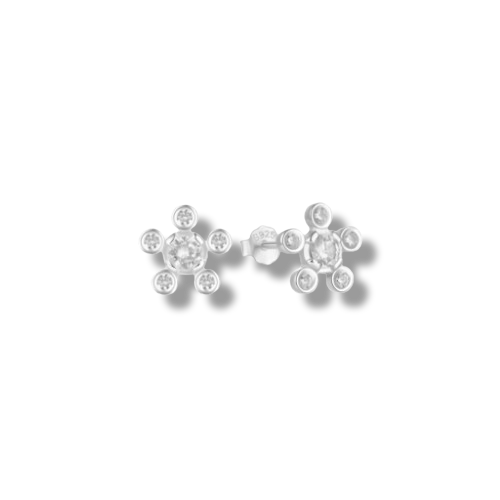 Platinum Plated Sterling Silver Cubic Zirconia Flower Shaped Stud Earrings