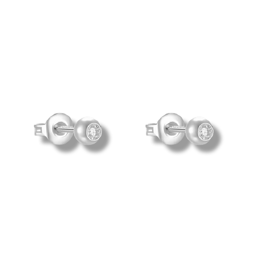 Platinum Plated Sterling Silver Cubic Zirconia Inlay Bead Minimalist Stud Earrings