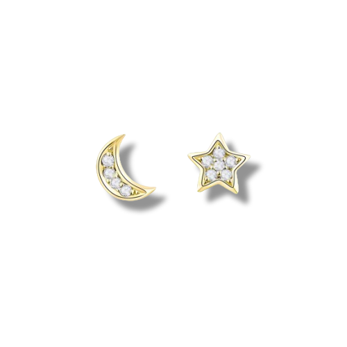 Gold Plated Sterling Silver Cubic Zirconia Moon and Star Shaped Stud Earrings