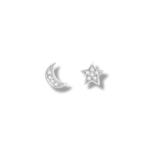 Platinum Plated Sterling Silver Cubic Zirconia Moon and Star Shaped Stud Earrings