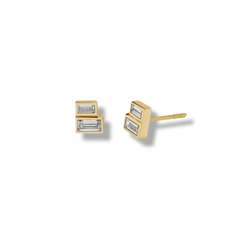 Gold Plated Sterling Silver Minimalist Emerald Cut Stacked Cubic Zirconia Stud Earrings