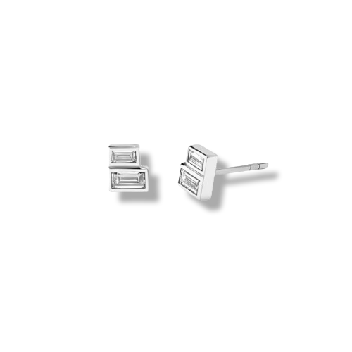 Platinum Plated Sterling Silver Minimalist Emerald Cut Stacked Cubic Zirconia Stud Earrings