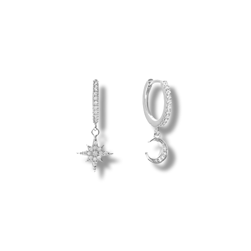 Platinum  Plated Sterling Silver Pave Cubic Zirconia Moon and Star Dangle Hoop Earrings