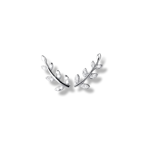 Platinum Plated Sterling Silver Cubic Zirconia Leaf Stud Earrings