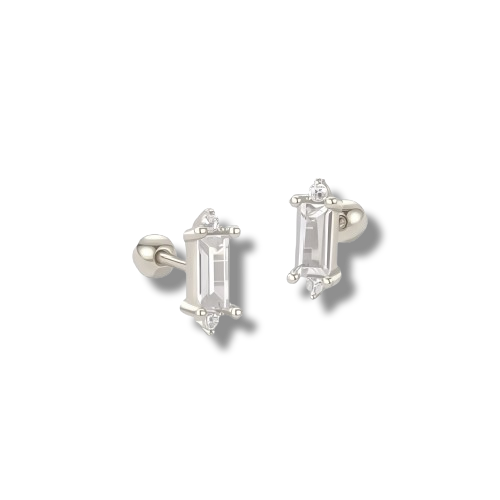 Platinum Plated Sterling Silver Baguette Style Cubic Zirconia Stud Earrings