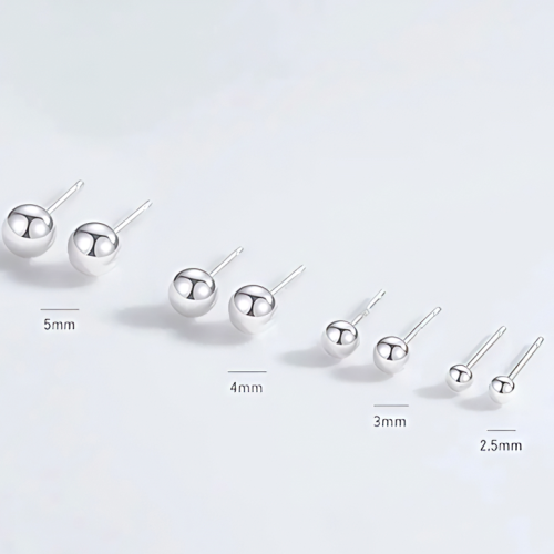 Platinum Plated Sterling Silver Bead Minimalist Stud Earrings Sizes
