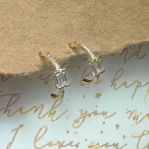 Gold plated Sterling Silver Double Baguette Half Hoop  Stud Earrings Image 2